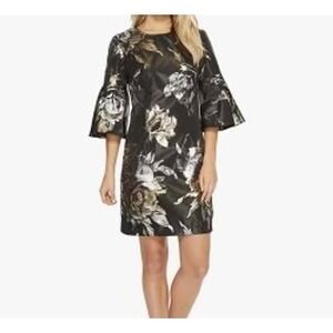 NWT Trina Turk‎ Rachelle Metallic  Dress Bell Sleeve Cocktail Black Gold Size 4